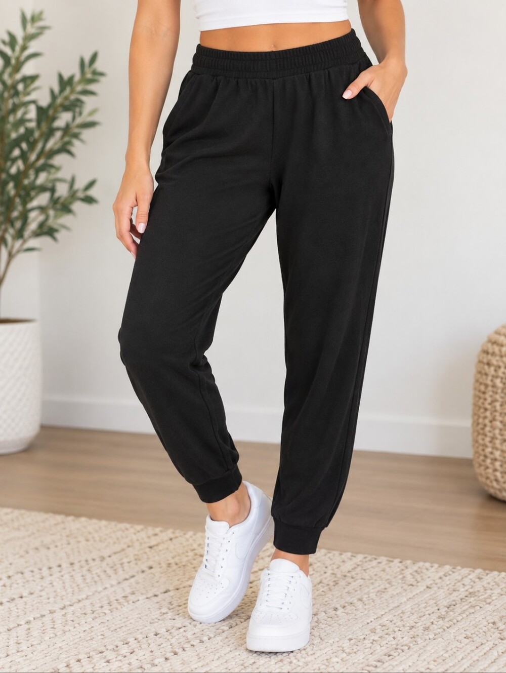 Anamor Women's Large Black Cotton Terry Jogger Pants